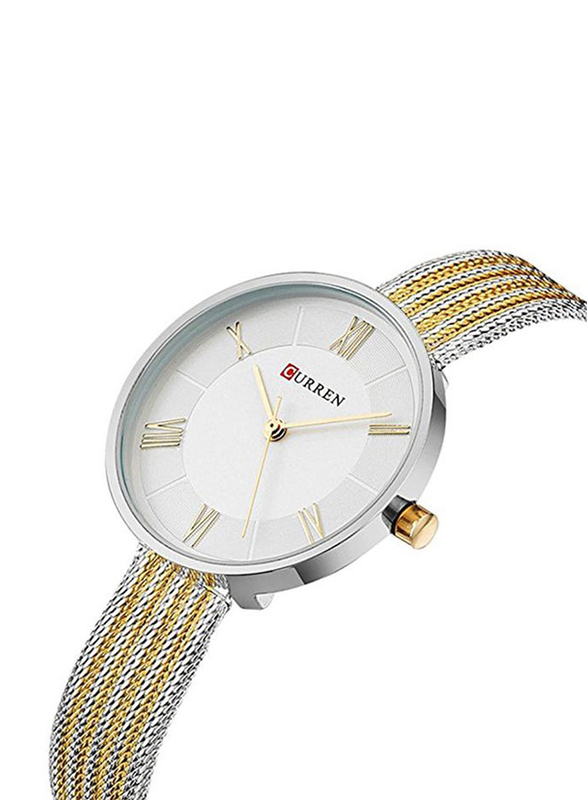 Curren Analog Watch for Women with Stainless Steel Band, Water Resistant, WT-CU-9020-GO1#D2, Silver/Gold-White