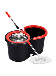 Spin Mop With Bucket For Floor Cleaning Microfiber Mops & Bucket with Wringer Set, Black/Red