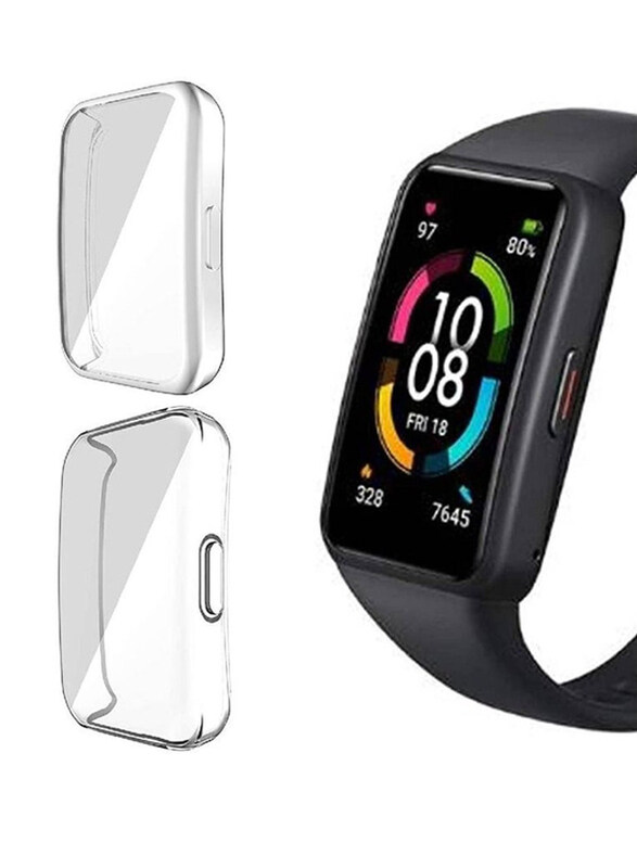 

Generic 2-Piece TPU Full Coverage Scratch Proof Bumper Soft Smartwatch Case Cover for Huawei Band 6/Honor Band 6, Silver/Clear