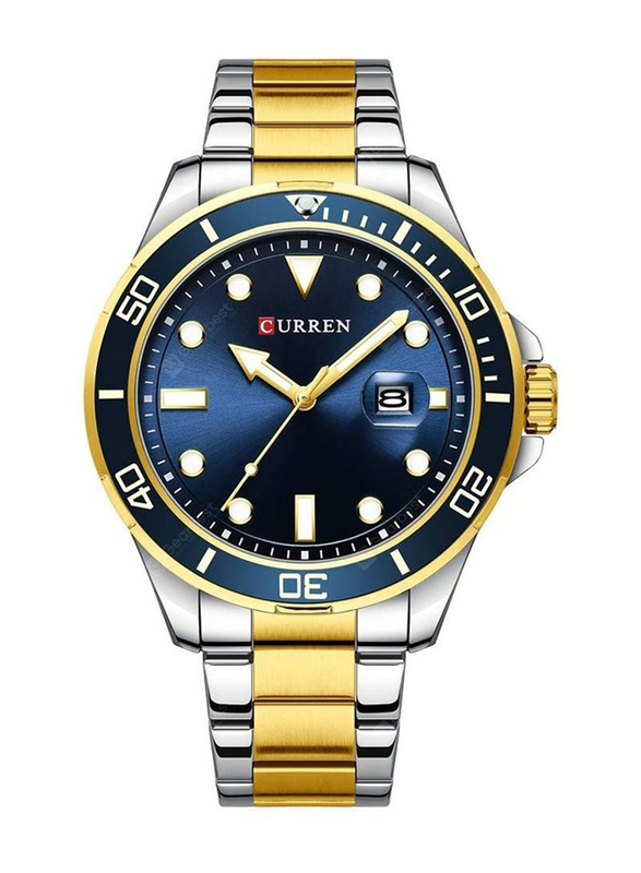 Curren Analog Watch for Men with Stainless Steel Band, Water Resistant, 8388, Silver/Gold-Navy Blue
