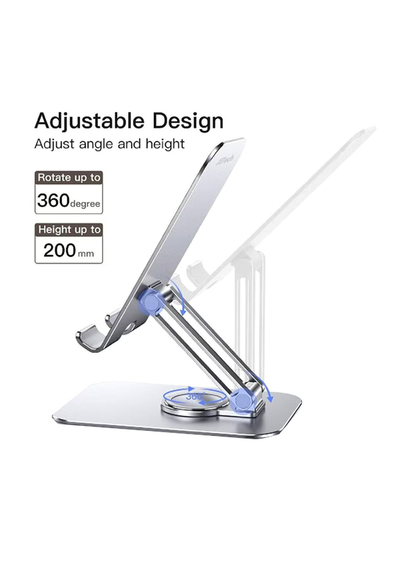 Universal Foldable Cradle Adjustable Swivel Desktop Holder Tablet Stand with 360 Degree Rotating Base, Silver