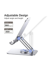 Universal Foldable Cradle Adjustable Swivel Desktop Holder Tablet Stand with 360 Degree Rotating Base, Silver