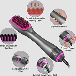 3-In-1 Hair Dryer Styler Straightening Negative Ion Ceramic Blow Dryer Brush, Grey/Pink