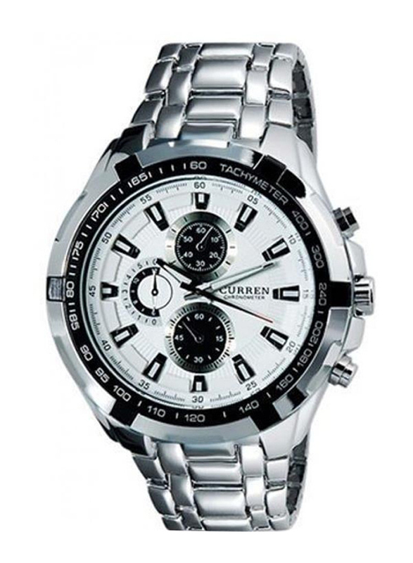 Curren Analog Watch for Men with Stainless Steel Band, Water Resistant and Chronograph, 80023, Silver-White