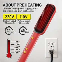 2-In-1 Hair Straightener Brush & Curler Comb with Anti-Scald Technology, Black/Red