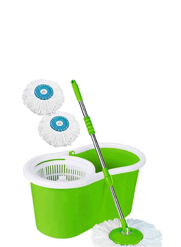 Spin Mop Bucket System 360 Spin Mop & Bucket Floor Cleaning Stainless Steel Mop Bucket with 2 Microfiber Replacement Head Refills, Green/White