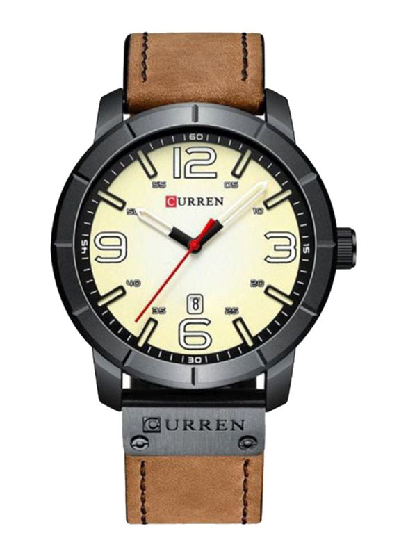 Curren Analog Watch for Men with Leather Band, Water Resistant, 8327, Brown-White