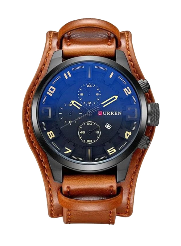 Curren Analog Watch for Men with Leather Band, Water Resistant, 8225, Brown-Blue