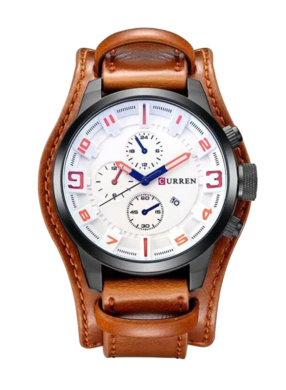 Curren Analog Watch for Unisex with Leather Band, 1855W-L, Brown-White