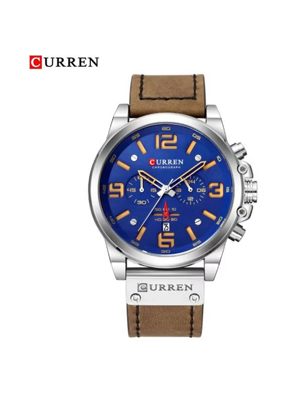 Curren Quartz Analog Watch for Men with Leather Band, Water Resistant and Chronograph, J4370-6-KM, Brown-Blue