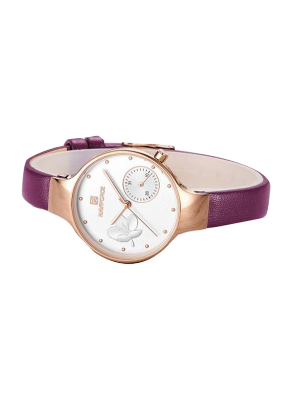 Naviforce Analog Watch for Women with Leather Band, Purple-White