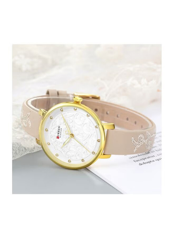 Curren Analog Watch for Women with Leather Band, Water Resistant, 4341, Beige-White