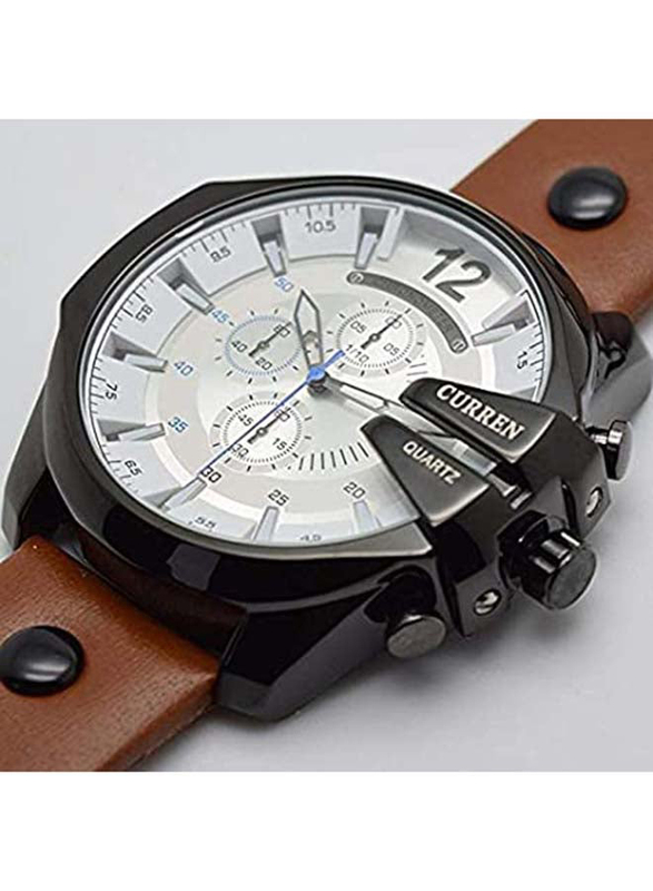 Curren Analog Watch for Men with Leather Band, Chronograph, WT-CU-8176-W#D1, White-Brown