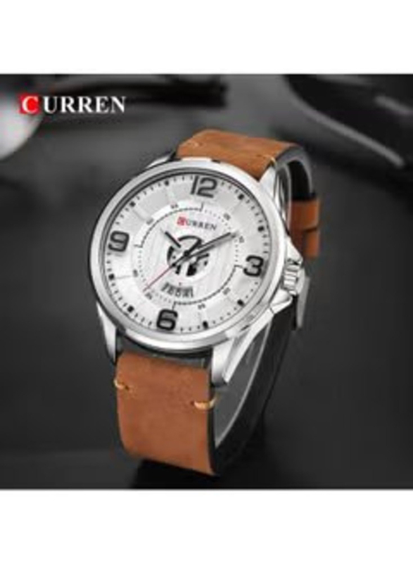 Curren Analog Watch for Men with Leather Band, Water Resistant, M-8305-1, White-Brown