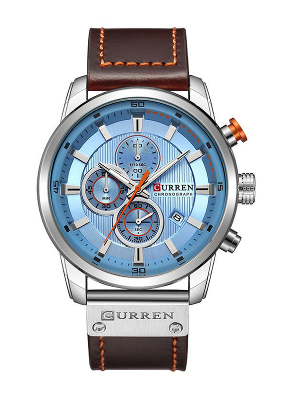 Curren Stylish Analog Watch for Men with Leather Band, Chronograph, J3591-2-KM, Blue-Brown