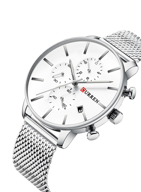 Curren Analog Watch for Men with Stainless Steel Band, Chronograph, 8339-1, White-Silver