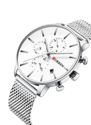 Curren Analog Watch for Men with Stainless Steel Band, Chronograph, 8339-1, White-Silver