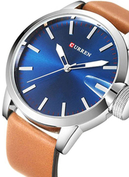 Curren Analog Watch for Men with Leather Band, Water Resistant, 8208, Brown-Blue