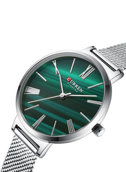 Curren Analog Watch for Women with Stainless Steel Band, Water Resistant, 9076-1, Green-Silver