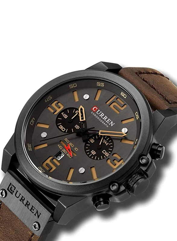 Curren Analog Watch for Men with Leather Band, Water Resistant and Chronography, N409494939A, Coffee-Brown