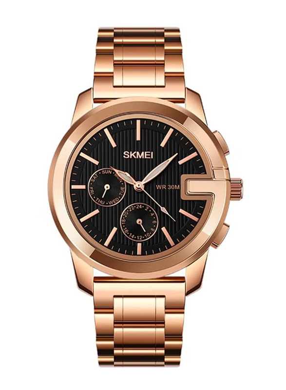 SKMEI Analog Watch for Men with Stainless Steel Band, Water Resistant and Chronograph, Rose Gold-Black