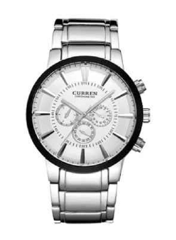 Curren Analog Watch for Men with Stainless Steel Band, Water Resistant and Chronograph, 8001A, Silver-White