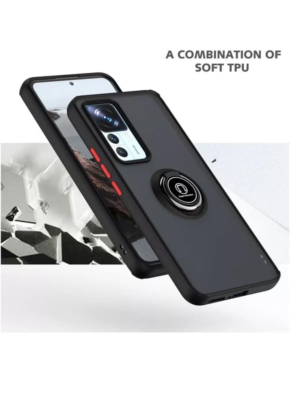 Case Me Xiaomi Mi 12T/12T Pro/K50 Ultra Protective Shockproof Metal Ring Holder Grip Kickstand Car Magnetic Mount Matte Mobile Phone Back Case Cover, Black