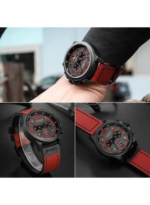 Curren Analog Unisex Watch with Leather Band, Chronograph, J4370-3, Red-Black