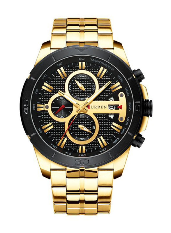 Curren Analog Unisex Watch with Stainless Steel Band, Water Resistant and Chronography, J3947G-KM, Gold-Black