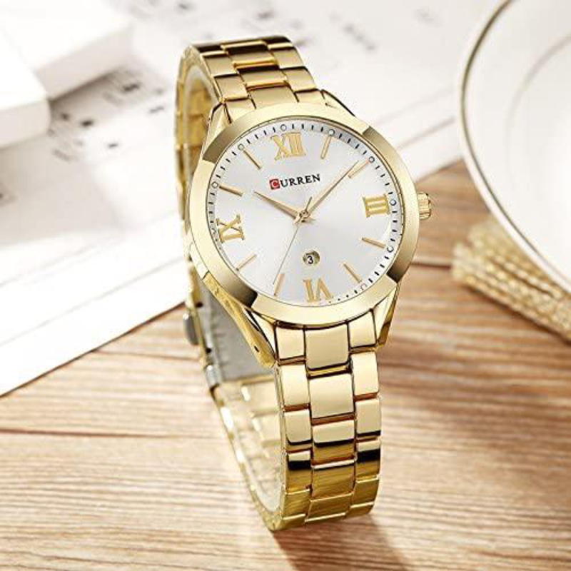 Curren Analog Watch for Women with Alloy Band, Water Resistant, 9007, Gold-Silver