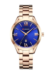 Curren Analog Watch for Women with Alloy Band, Water Resistant, 9007, Gold-Blue