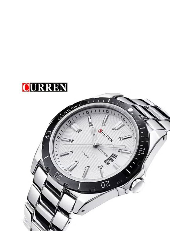 Curren Analog Watch for Men with Stainless Steel Band, Water Resistant, 8110, Silver-White