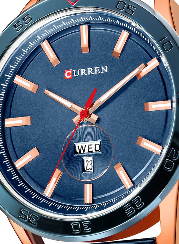 Curren Day & Date Quartz Analog Watch for Men with Stainless Steel Band, Water Resistant, 8331, Blue-Rose Gold