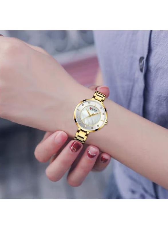 Curren Analog Watch for Women with Alloy Band, Water Resistant, 9051, Gold-White