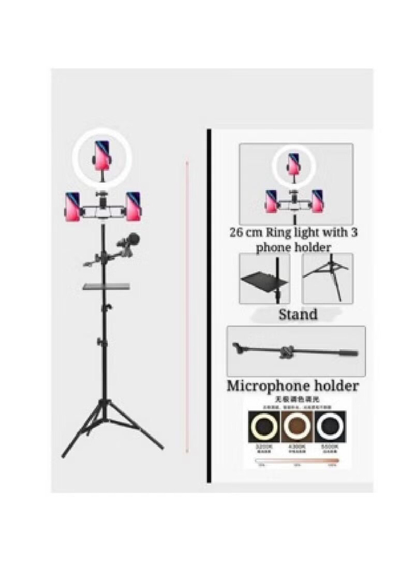 Dual Phone Holder LED Ring Light Kit with Metal Tripod Stand and Microphone Boom Arm Mic Clip, Black