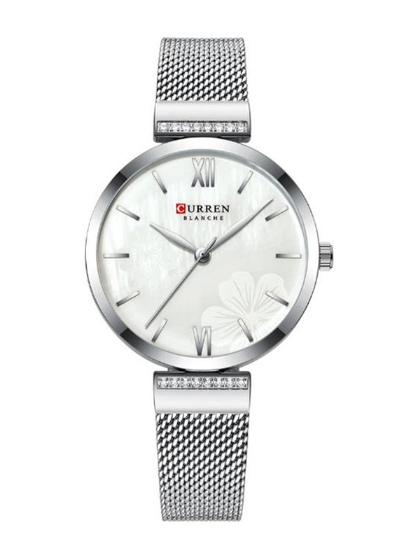 Curren Analog Watch for Women with Stainless Steel Band, Water Resistant, J4268S-KM, White-Silver