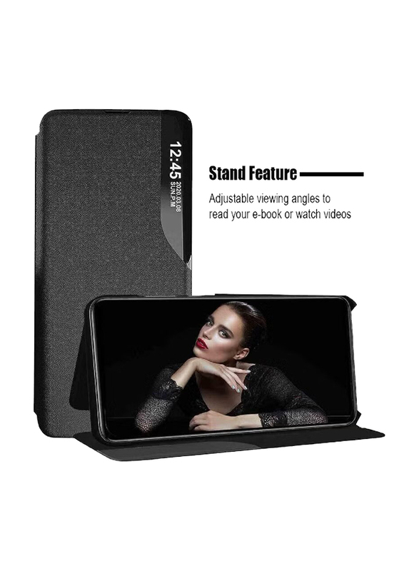 Case Me Oppo Reno 8 T Protective Windows Smart View Flip Foldable Kickstand Mobile Phone Case Cover, Black