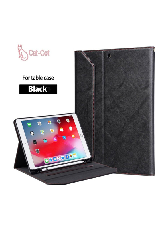 Apple iPad 12.9-Inch 2022/2021/2020 Protective Premium PU Leather Stand Folio Tablet Case Cover with Tempered Glass Screen Protector, Black/Clear