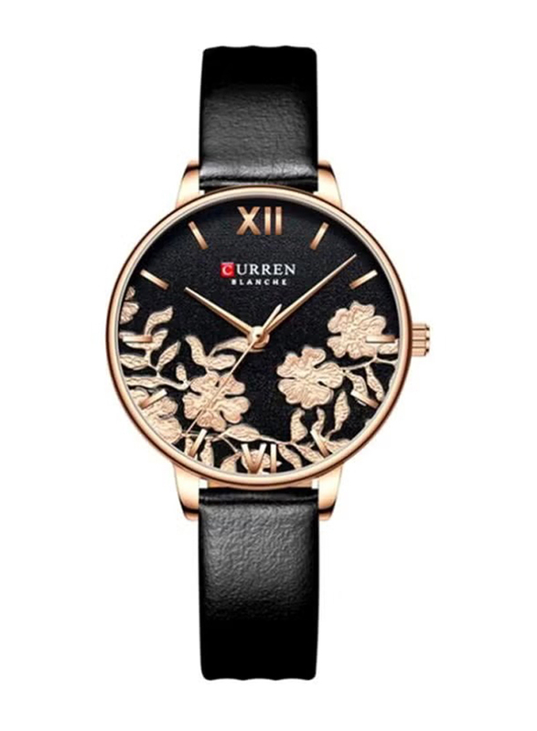 Curren Analog Wrist Watch for Women with Leather Band, Water Resistant, 9065, Black