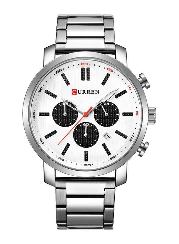 Curren Analog Watch for Men with Stainless Steel Band, Water Resistant & Chronograph, 8315-1, White-Silver