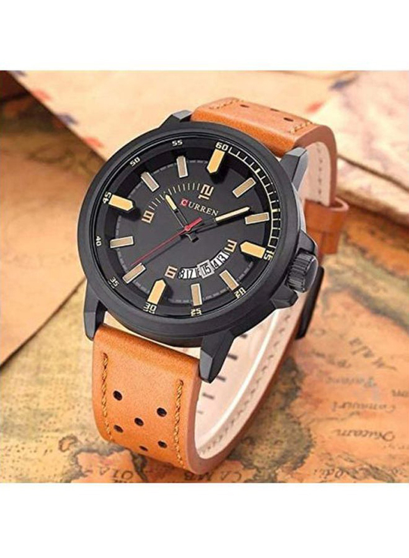 Curren Analog Watch for Men with Leather Band, Water Resistant, 8228, Brown-Black