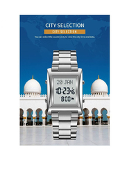 SKMEI Islamic Prayer Digital Wrist Watch for Men with Stainless Steel Band, Silver-Grey