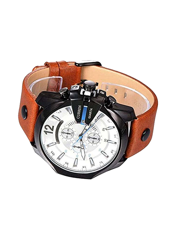 Curren Analog Watch for Men with Leather Band, Chronograph, WT-CU-8176-W#D1, White-Brown