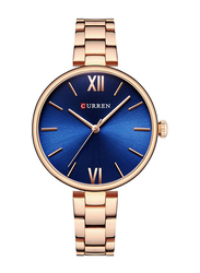 Curren Analog Watch for Women with Stainless Steel Band, Water Resistant, 9017, Rose Gold-Blue