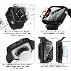 Waterproof Tempered Glass Screen Protector Hard PC Bumper Case + Scratchproof 9H Glass Film Full Protective Case for Apple Watch 44mm SE Series 6 5 4, Black