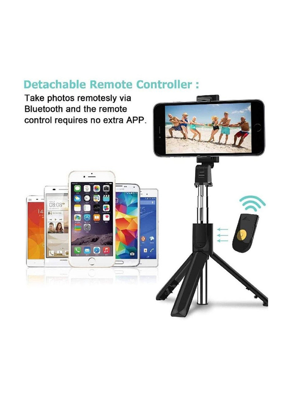 Detachable Wireless Phone Holder Tripod Extendable Selfie Stick with Bluetooth Remote, Black/Silver