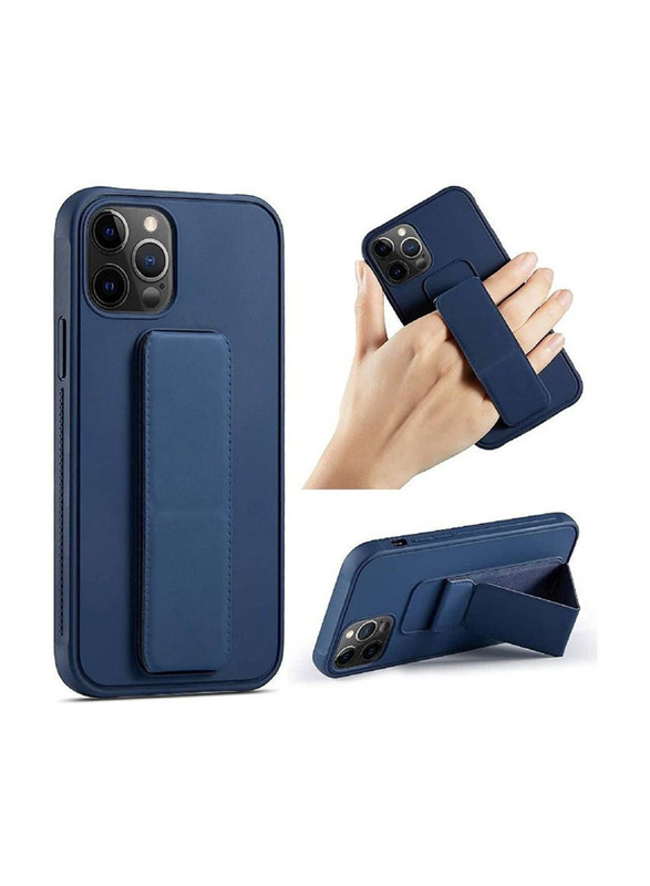 Apple iPhone 14 Pro Silicone Back Mobile Phone Case Cover with Foldable Magnetic Finger Strap and Hand Grip, Blue