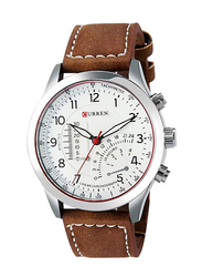 Curren Analog Watch for Men with Leather Band, Water Resistant and Chronograph, WT-CU-8152-W, Brown-White