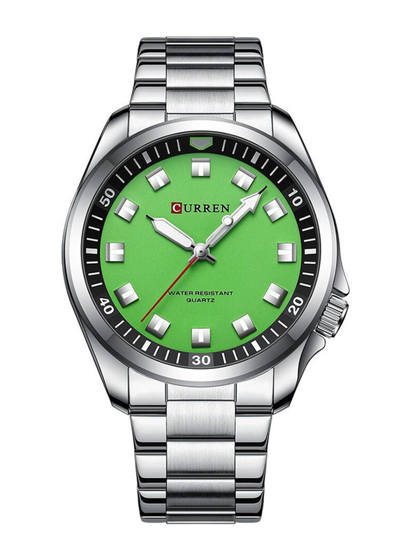 Curren Analog Watch for Men with Stainless Steel Band, Water Resistant, 8451, Silver-Green