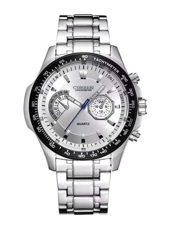 Curren Analog Watch for Men with Stainless Steel Band, Chronograph, WT-CU-8020-W, Silver-White